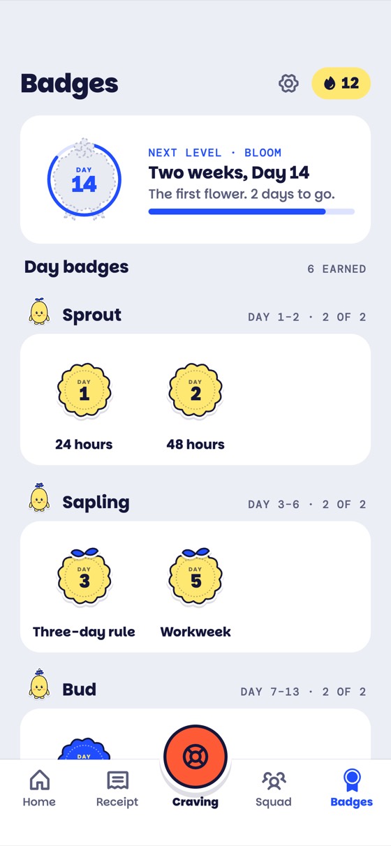 The Badges tab: badges earned so far and the next one counting down.