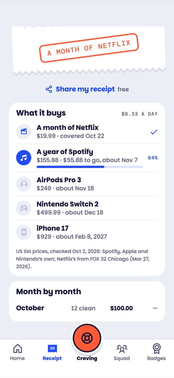 The Receipt tab: a month of Netflix covered, then a year of Spotify, AirPods Pro 3, Nintendo Switch 2 and iPhone 17 with dates.